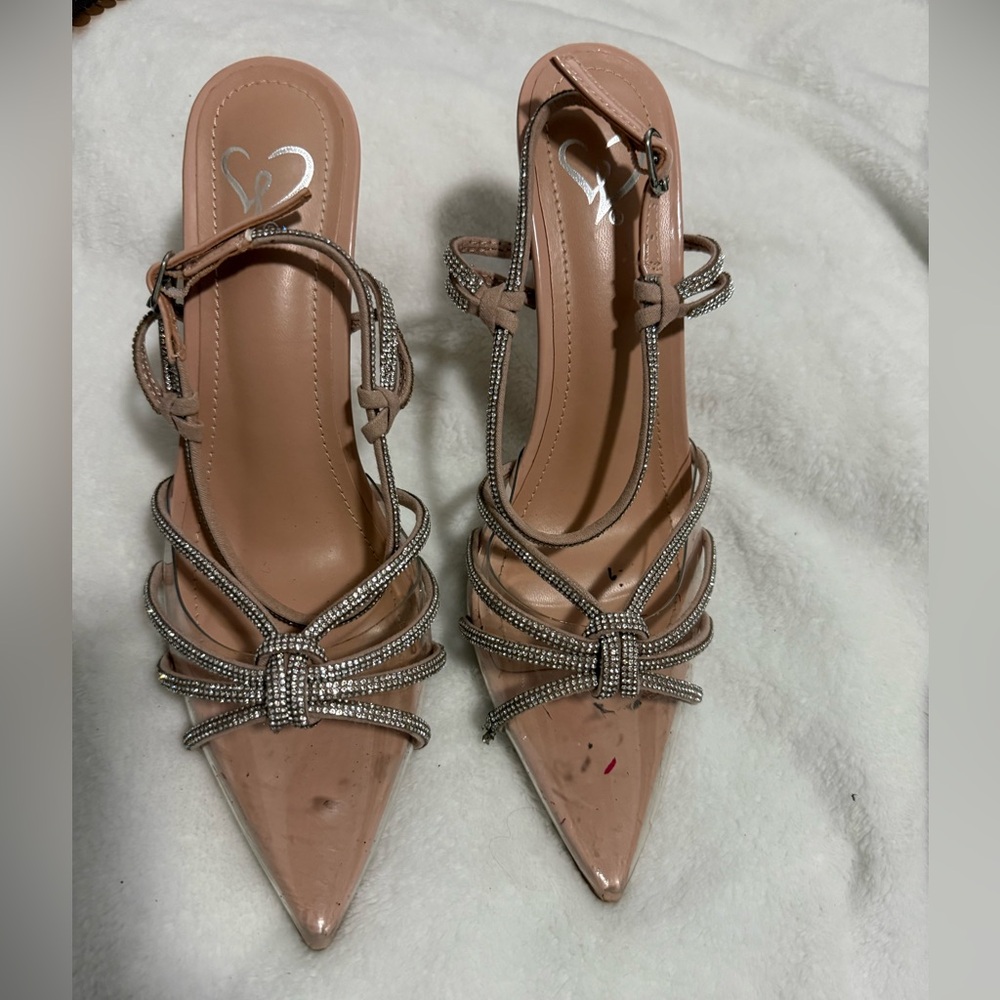Pointy bling nude heels